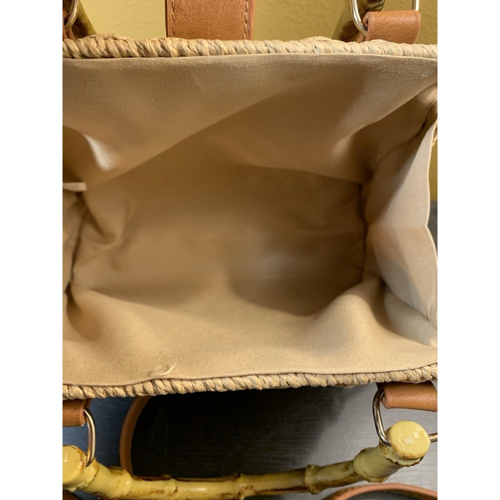 Woven Handbag‎ Paper Fiber Faux Bamboo Handles Tan Crossbody Summer Tote Purse - Picture 4 of 7